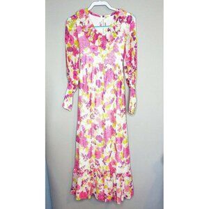 Vintage 1970s Handmade Long Sleeve Floral Empire Waist Dress Chiffon Modest XS
